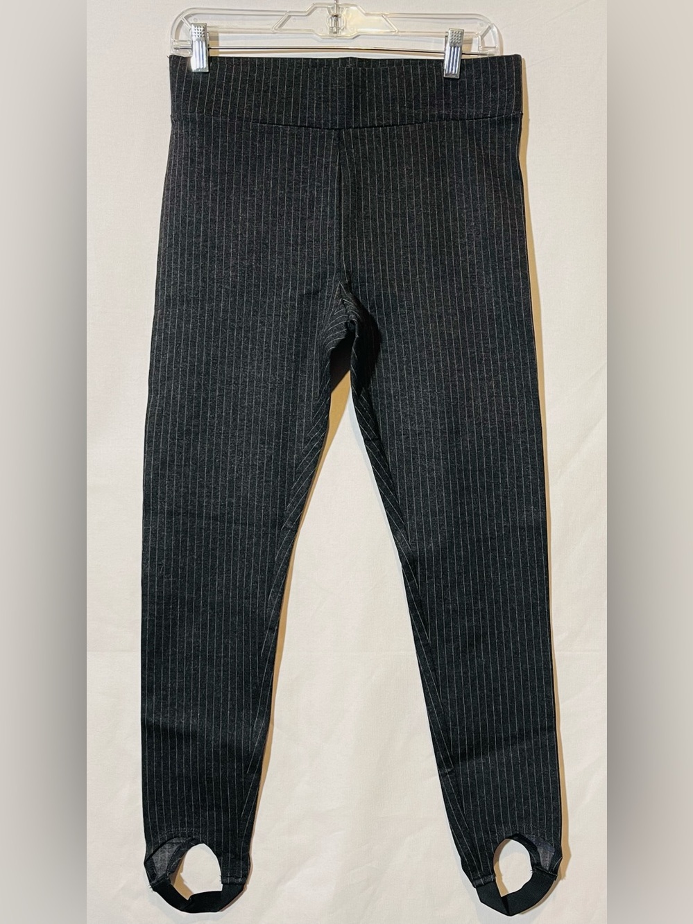 Lark & Ro Charcoal Gray and White Pinstripe Stirrup Leggings